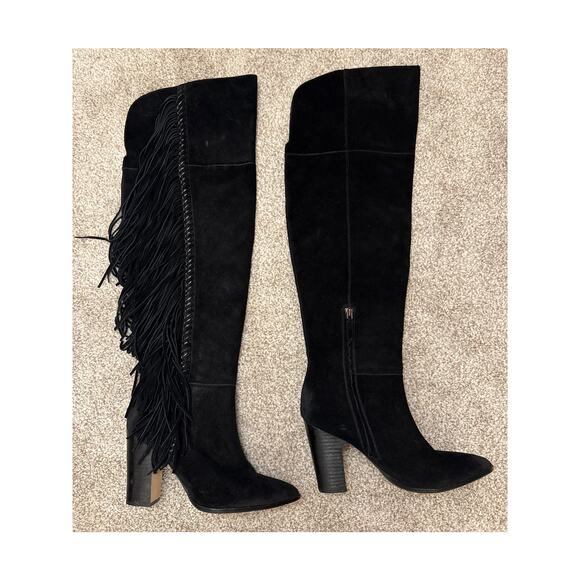 Dolce Vita Black Izie Fringe Pointed Toe High Shaft High-heel Suede Boots, 8 - Picture 3 of 12